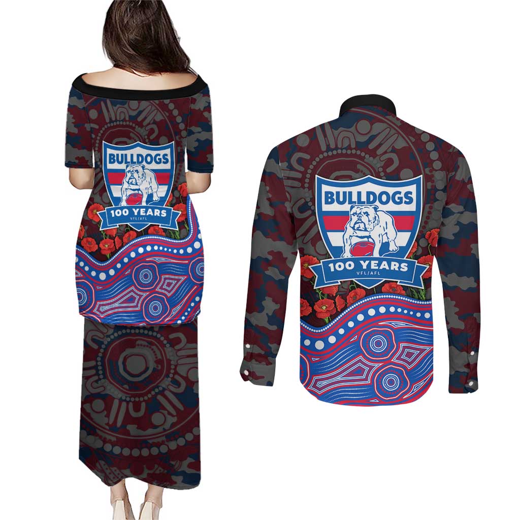 Western Bulldogs ANZAC Day Couples Matching Puletasi and Long Sleeve Button Shirt Indigenous Dot Art with Poppy Flower Tribute