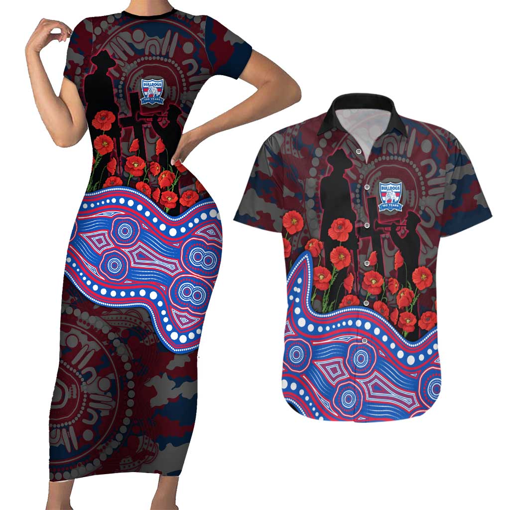 Western Bulldogs ANZAC Day Couples Matching Short Sleeve Bodycon Dress and Hawaiian Shirt Indigenous Dot Art with Poppy Flower Tribute