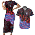 Western Bulldogs ANZAC Day Couples Matching Short Sleeve Bodycon Dress and Hawaiian Shirt Indigenous Dot Art with Poppy Flower Tribute