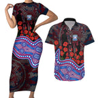 Western Bulldogs ANZAC Day Couples Matching Short Sleeve Bodycon Dress and Hawaiian Shirt Indigenous Dot Art with Poppy Flower Tribute