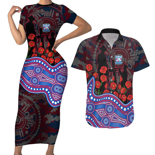 Western Bulldogs ANZAC Day Couples Matching Short Sleeve Bodycon Dress and Hawaiian Shirt Indigenous Dot Art with Poppy Flower Tribute