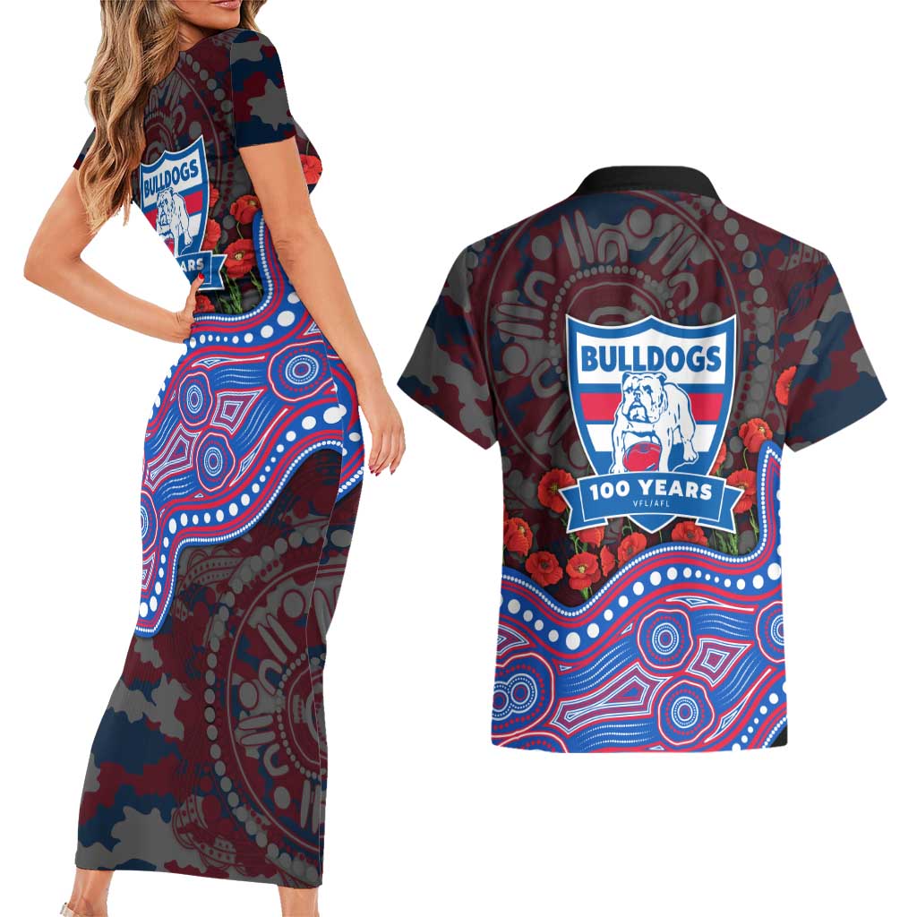 Western Bulldogs ANZAC Day Couples Matching Short Sleeve Bodycon Dress and Hawaiian Shirt Indigenous Dot Art with Poppy Flower Tribute