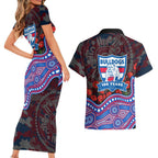 Western Bulldogs ANZAC Day Couples Matching Short Sleeve Bodycon Dress and Hawaiian Shirt Indigenous Dot Art with Poppy Flower Tribute