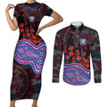 Western Bulldogs ANZAC Day Couples Matching Short Sleeve Bodycon Dress and Long Sleeve Button Shirt Indigenous Dot Art with Poppy Flower Tribute