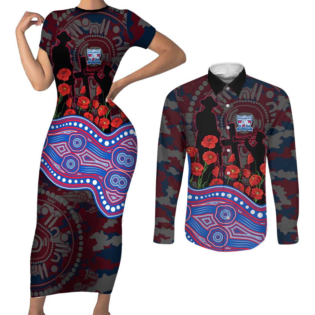 Western Bulldogs ANZAC Day Couples Matching Short Sleeve Bodycon Dress and Long Sleeve Button Shirt Indigenous Dot Art with Poppy Flower Tribute