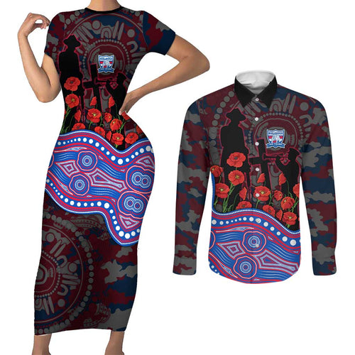 Western Bulldogs ANZAC Day Couples Matching Short Sleeve Bodycon Dress and Long Sleeve Button Shirt Indigenous Dot Art with Poppy Flower Tribute