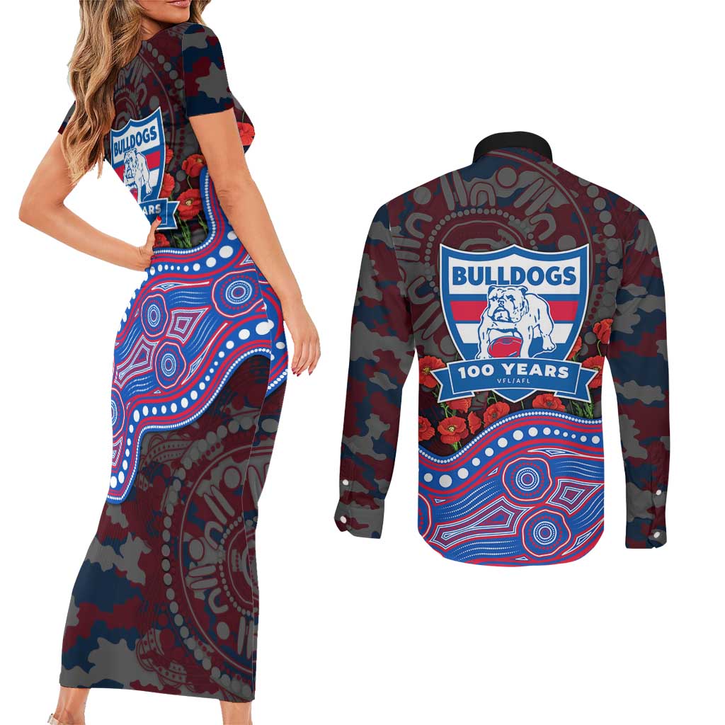 Western Bulldogs ANZAC Day Couples Matching Short Sleeve Bodycon Dress and Long Sleeve Button Shirt Indigenous Dot Art with Poppy Flower Tribute