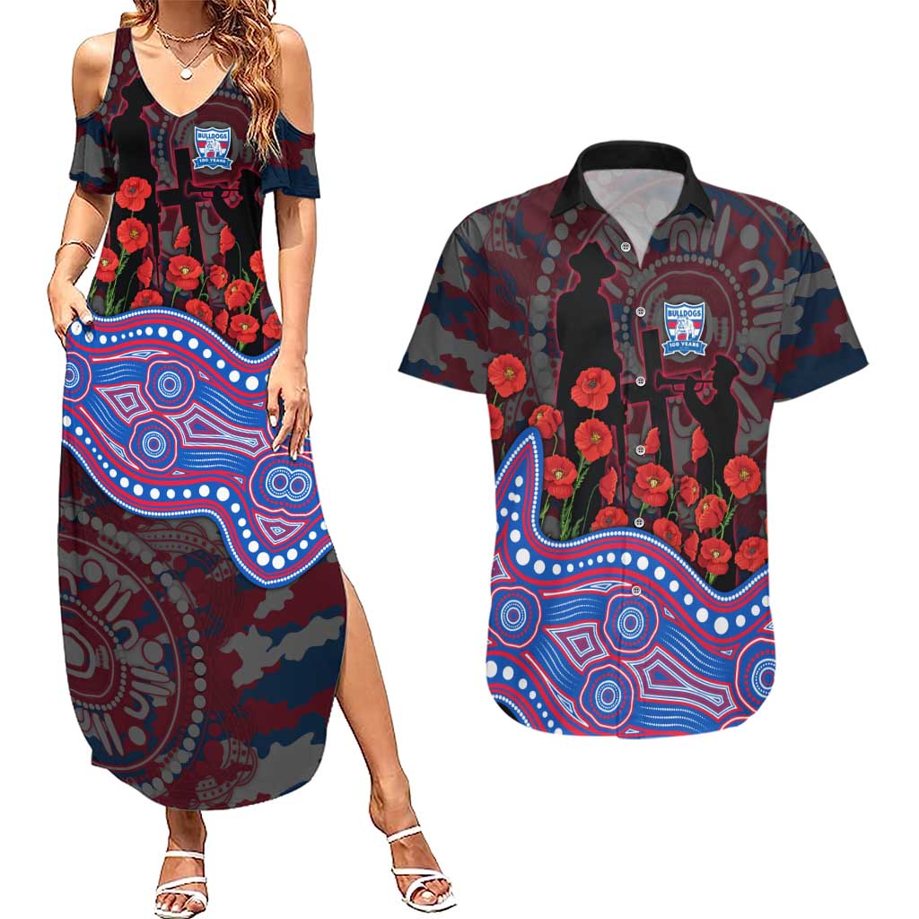 Western Bulldogs ANZAC Day Couples Matching Summer Maxi Dress and Hawaiian Shirt Indigenous Dot Art with Poppy Flower Tribute