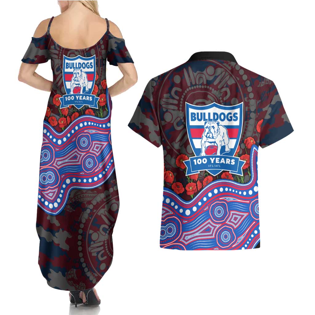 Western Bulldogs ANZAC Day Couples Matching Summer Maxi Dress and Hawaiian Shirt Indigenous Dot Art with Poppy Flower Tribute