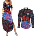 Western Bulldogs ANZAC Day Couples Matching Summer Maxi Dress and Long Sleeve Button Shirt Indigenous Dot Art with Poppy Flower Tribute