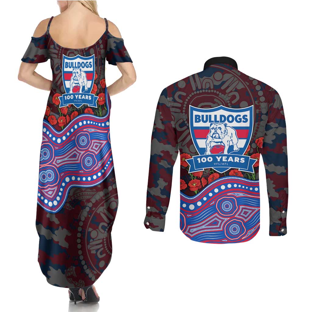 Western Bulldogs ANZAC Day Couples Matching Summer Maxi Dress and Long Sleeve Button Shirt Indigenous Dot Art with Poppy Flower Tribute