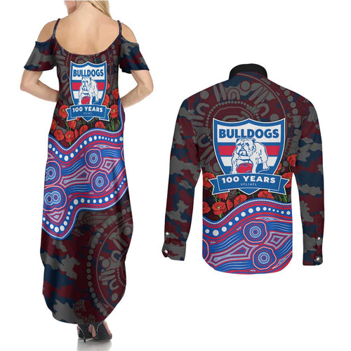 Western Bulldogs ANZAC Day Couples Matching Summer Maxi Dress and Long Sleeve Button Shirt Indigenous Dot Art with Poppy Flower Tribute