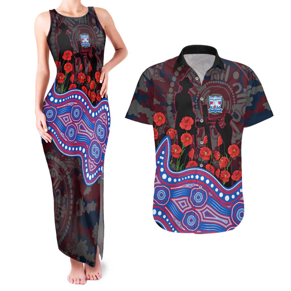 Western Bulldogs ANZAC Day Couples Matching Tank Maxi Dress and Hawaiian Shirt Indigenous Dot Art with Poppy Flower Tribute