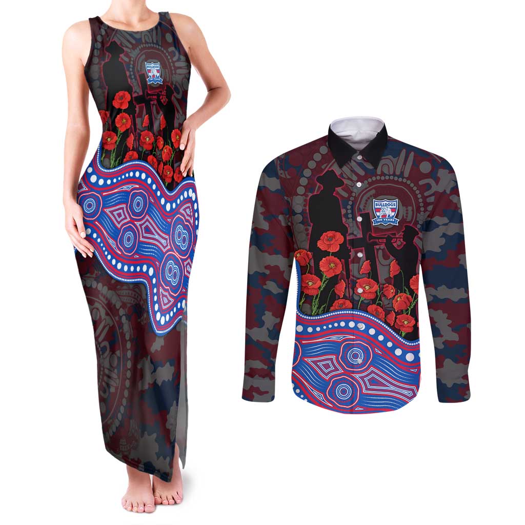 Western Bulldogs ANZAC Day Couples Matching Tank Maxi Dress and Long Sleeve Button Shirt Indigenous Dot Art with Poppy Flower Tribute