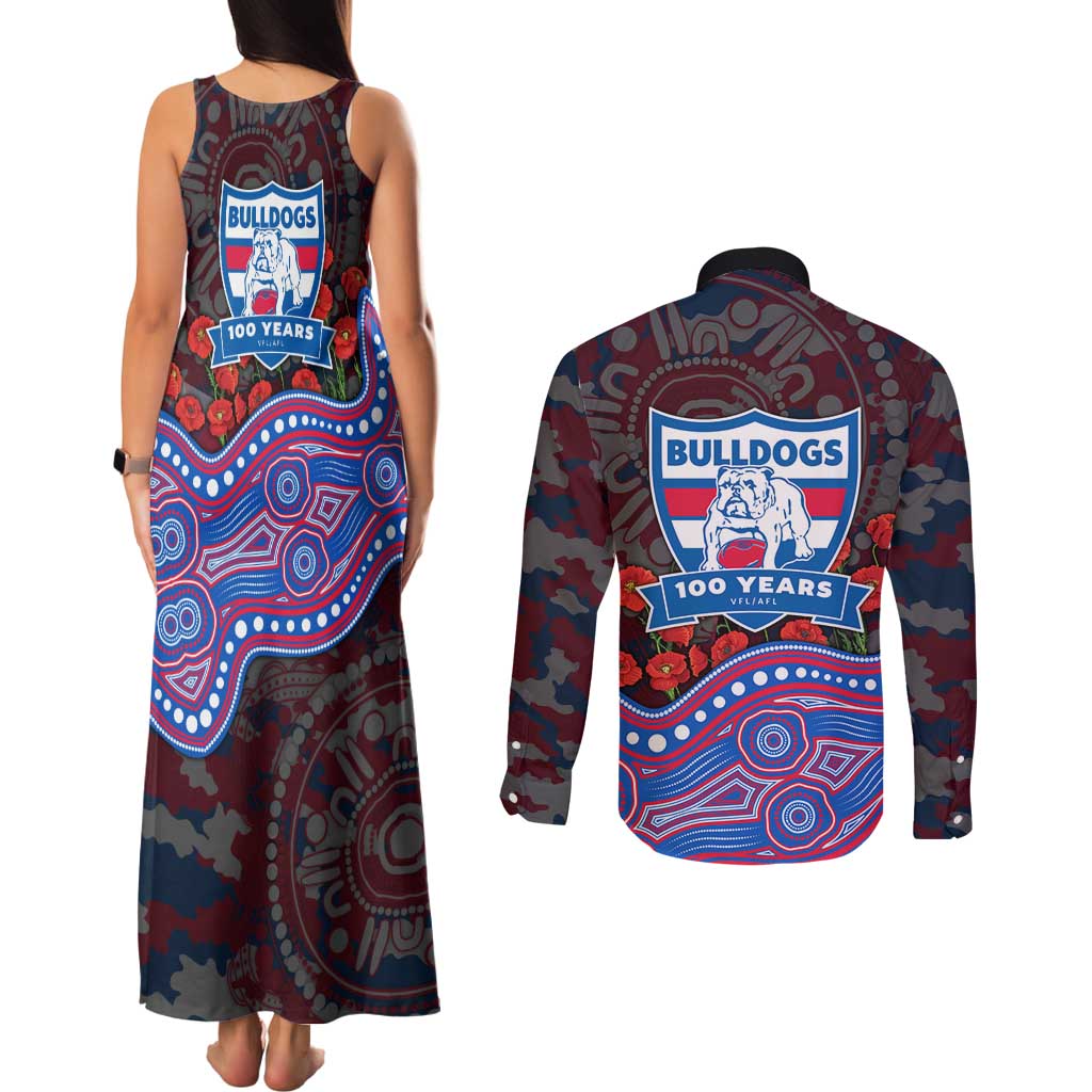 Western Bulldogs ANZAC Day Couples Matching Tank Maxi Dress and Long Sleeve Button Shirt Indigenous Dot Art with Poppy Flower Tribute
