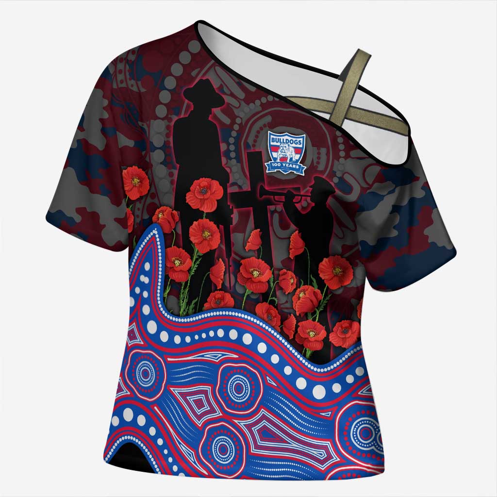 Western Bulldogs ANZAC Day Cross Shoulder Shirt Indigenous Dot Art with Poppy Flower Tribute