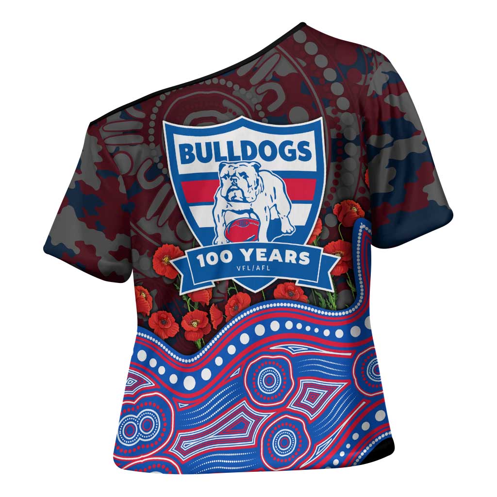 Western Bulldogs ANZAC Day Cross Shoulder Shirt Indigenous Dot Art with Poppy Flower Tribute