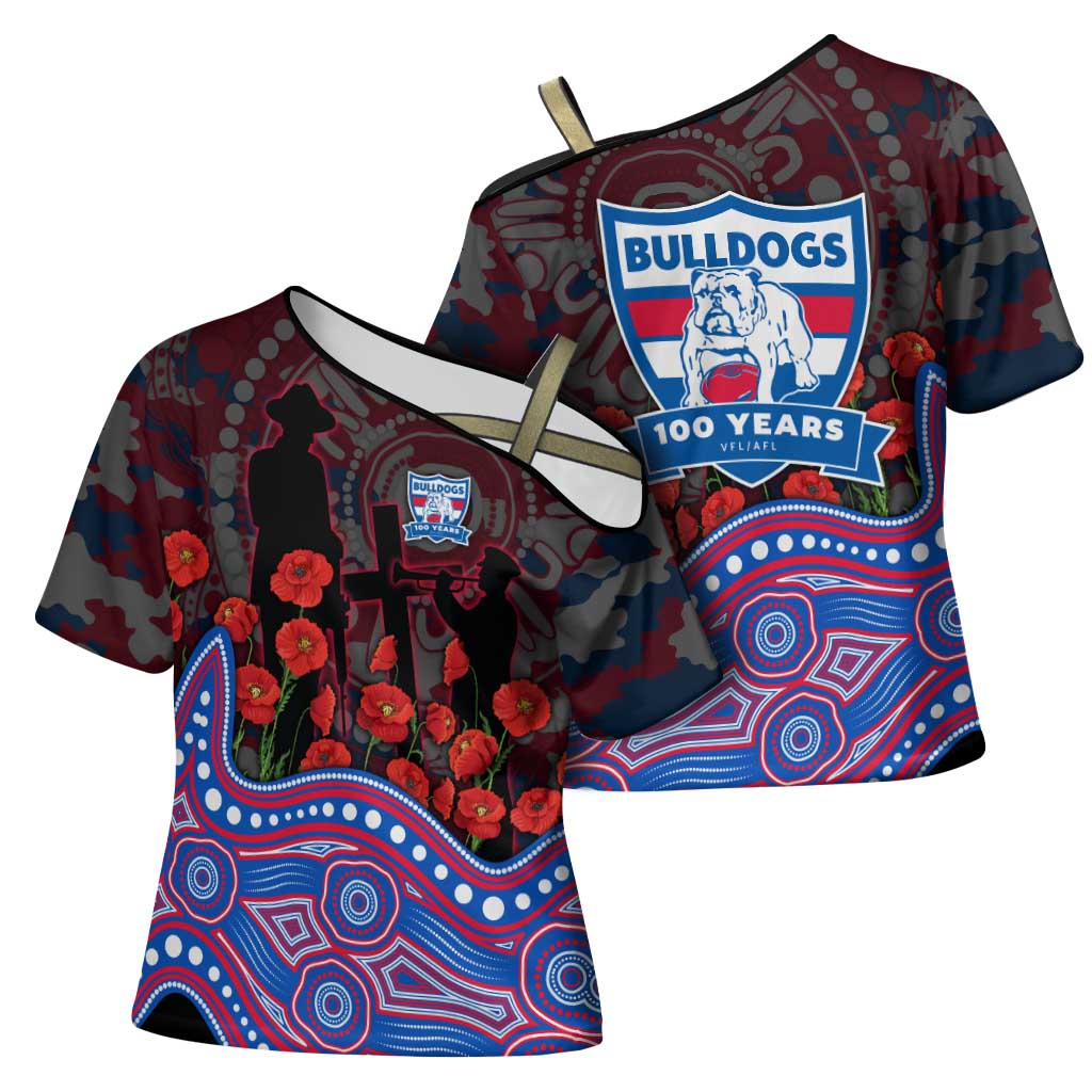 Western Bulldogs ANZAC Day Cross Shoulder Shirt Indigenous Dot Art with Poppy Flower Tribute
