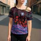 Western Bulldogs ANZAC Day Cross Shoulder Shirt Indigenous Dot Art with Poppy Flower Tribute