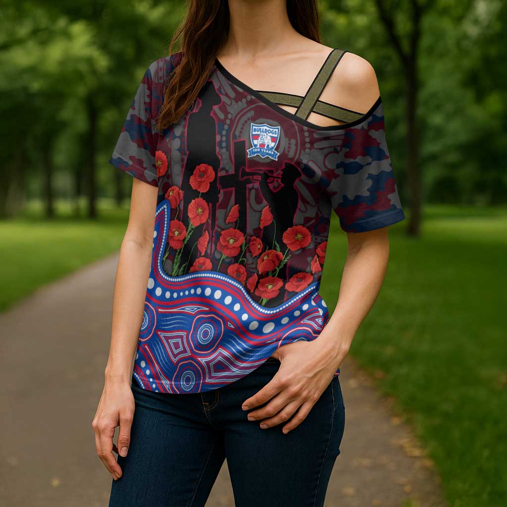 Western Bulldogs ANZAC Day Cross Shoulder Shirt Indigenous Dot Art with Poppy Flower Tribute