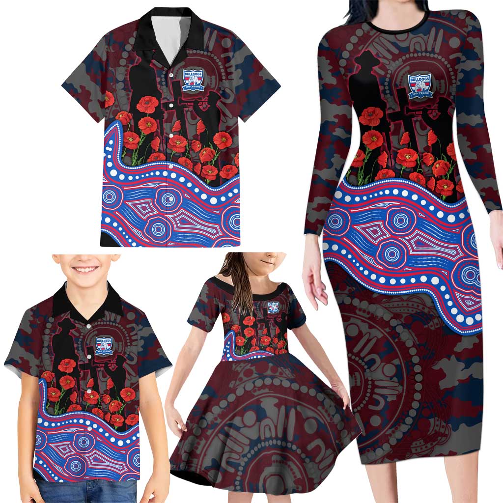 Western Bulldogs ANZAC Day Family Matching Long Sleeve Bodycon Dress and Hawaiian Shirt Indigenous Dot Art with Poppy Flower Tribute