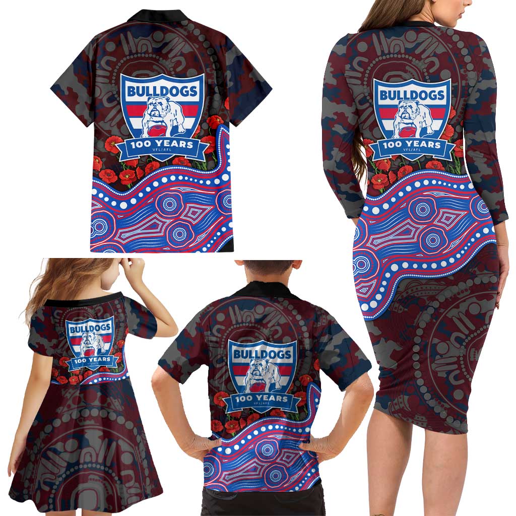 Western Bulldogs ANZAC Day Family Matching Long Sleeve Bodycon Dress and Hawaiian Shirt Indigenous Dot Art with Poppy Flower Tribute