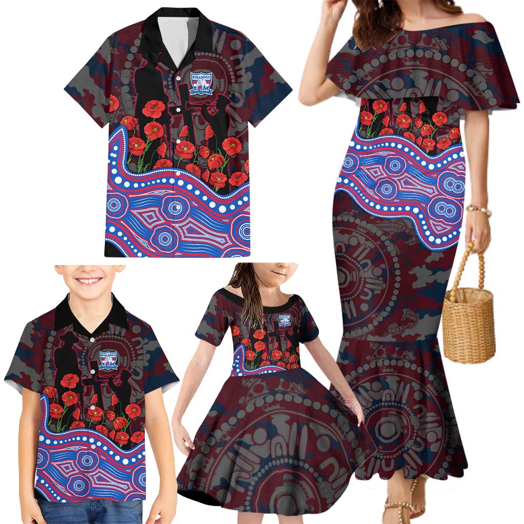 Western Bulldogs ANZAC Day Family Matching Mermaid Dress and Hawaiian Shirt Indigenous Dot Art with Poppy Flower Tribute