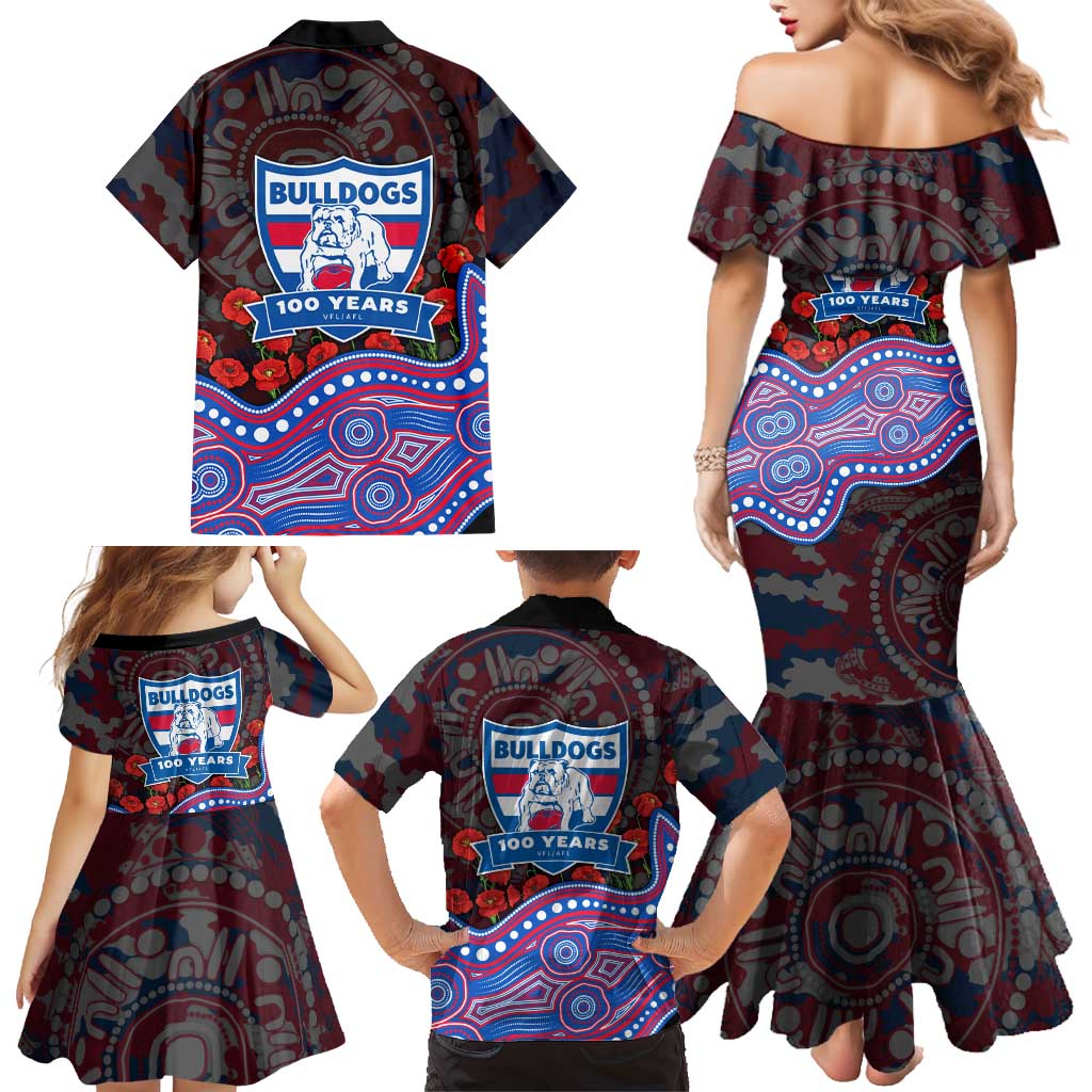 Western Bulldogs ANZAC Day Family Matching Mermaid Dress and Hawaiian Shirt Indigenous Dot Art with Poppy Flower Tribute