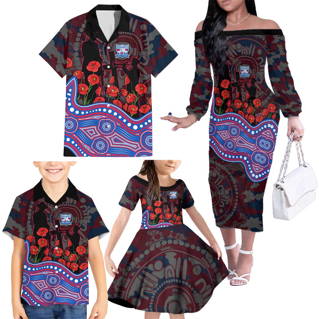 Western Bulldogs ANZAC Day Family Matching Off The Shoulder Long Sleeve Dress and Hawaiian Shirt Indigenous Dot Art with Poppy Flower Tribute