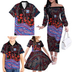 Western Bulldogs ANZAC Day Family Matching Off The Shoulder Long Sleeve Dress and Hawaiian Shirt Indigenous Dot Art with Poppy Flower Tribute