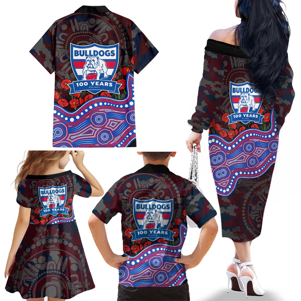 Western Bulldogs ANZAC Day Family Matching Off The Shoulder Long Sleeve Dress and Hawaiian Shirt Indigenous Dot Art with Poppy Flower Tribute