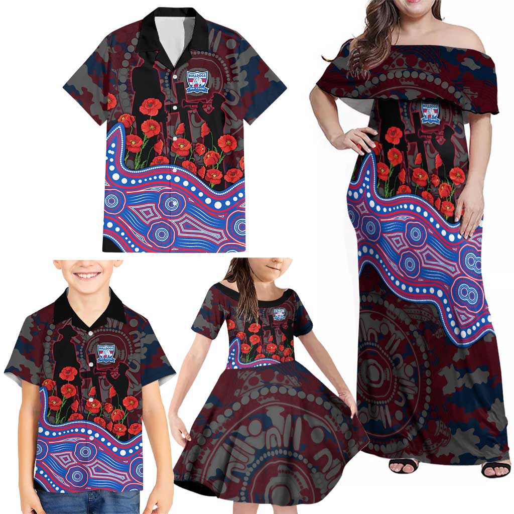 Western Bulldogs ANZAC Day Family Matching Off Shoulder Maxi Dress and Hawaiian Shirt Indigenous Dot Art with Poppy Flower Tribute