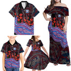 Western Bulldogs ANZAC Day Family Matching Off Shoulder Maxi Dress and Hawaiian Shirt Indigenous Dot Art with Poppy Flower Tribute