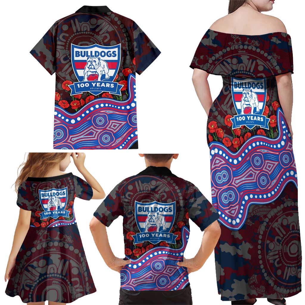 Western Bulldogs ANZAC Day Family Matching Off Shoulder Maxi Dress and Hawaiian Shirt Indigenous Dot Art with Poppy Flower Tribute