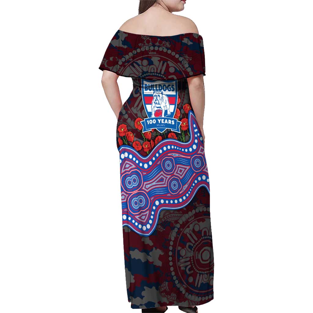 Western Bulldogs ANZAC Day Family Matching Off Shoulder Maxi Dress and Hawaiian Shirt Indigenous Dot Art with Poppy Flower Tribute