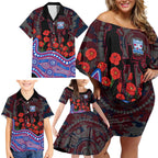 Western Bulldogs ANZAC Day Family Matching Off Shoulder Short Dress and Hawaiian Shirt Indigenous Dot Art with Poppy Flower Tribute