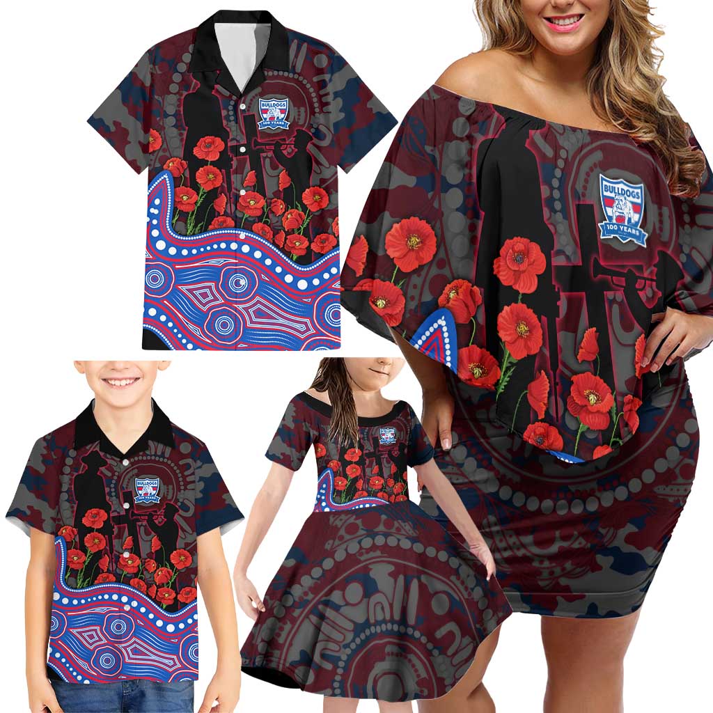 Western Bulldogs ANZAC Day Family Matching Off Shoulder Short Dress and Hawaiian Shirt Indigenous Dot Art with Poppy Flower Tribute