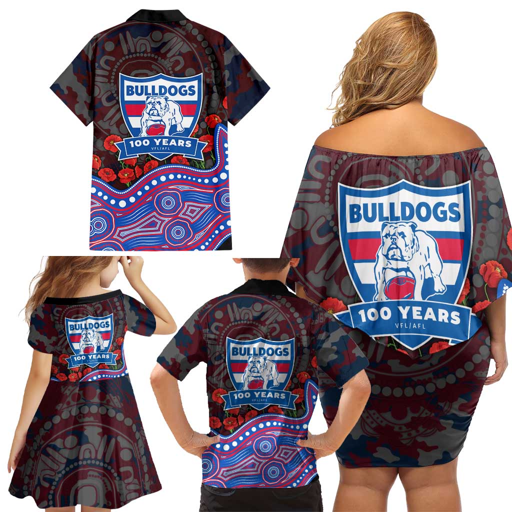 Western Bulldogs ANZAC Day Family Matching Off Shoulder Short Dress and Hawaiian Shirt Indigenous Dot Art with Poppy Flower Tribute