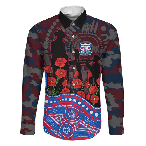 Western Bulldogs ANZAC Day Family Matching Off Shoulder Short Dress and Hawaiian Shirt Indigenous Dot Art with Poppy Flower Tribute