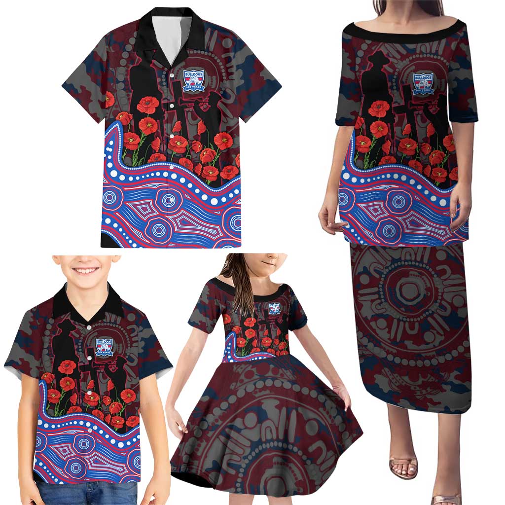 Western Bulldogs ANZAC Day Family Matching Puletasi and Hawaiian Shirt Indigenous Dot Art with Poppy Flower Tribute