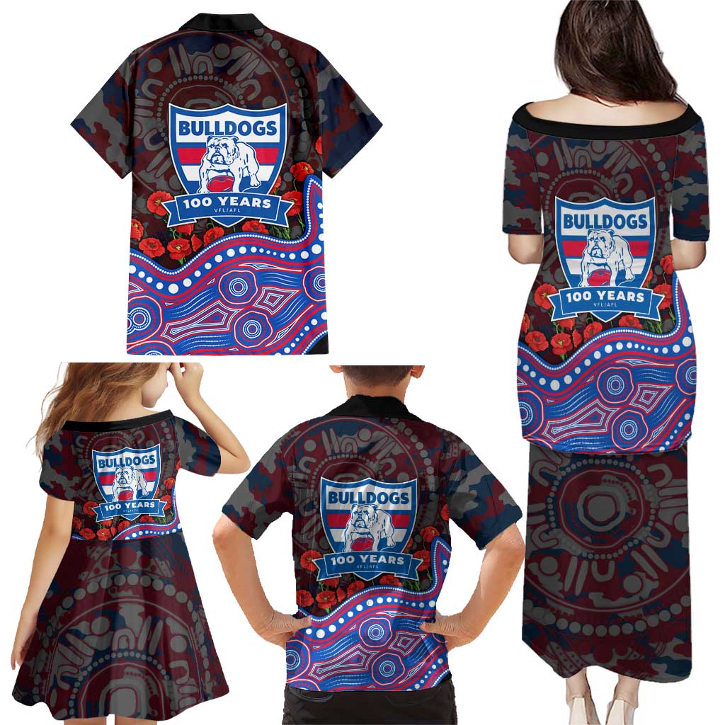 Western Bulldogs ANZAC Day Family Matching Puletasi and Hawaiian Shirt Indigenous Dot Art with Poppy Flower Tribute