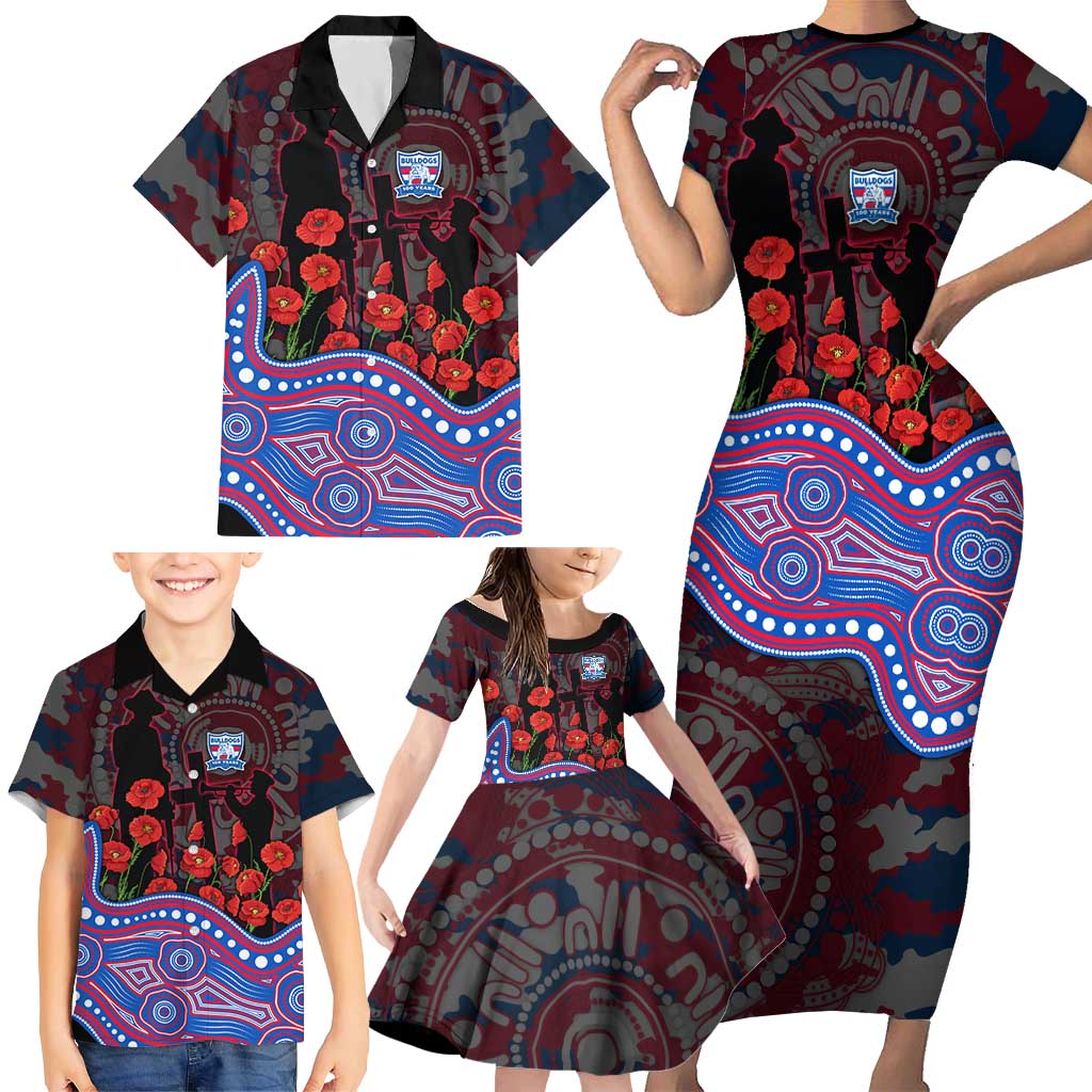 Western Bulldogs ANZAC Day Family Matching Short Sleeve Bodycon Dress and Hawaiian Shirt Indigenous Dot Art with Poppy Flower Tribute