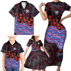 Western Bulldogs ANZAC Day Family Matching Short Sleeve Bodycon Dress and Hawaiian Shirt Indigenous Dot Art with Poppy Flower Tribute