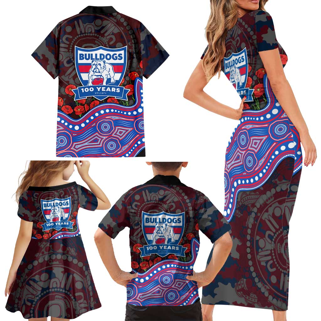 Western Bulldogs ANZAC Day Family Matching Short Sleeve Bodycon Dress and Hawaiian Shirt Indigenous Dot Art with Poppy Flower Tribute