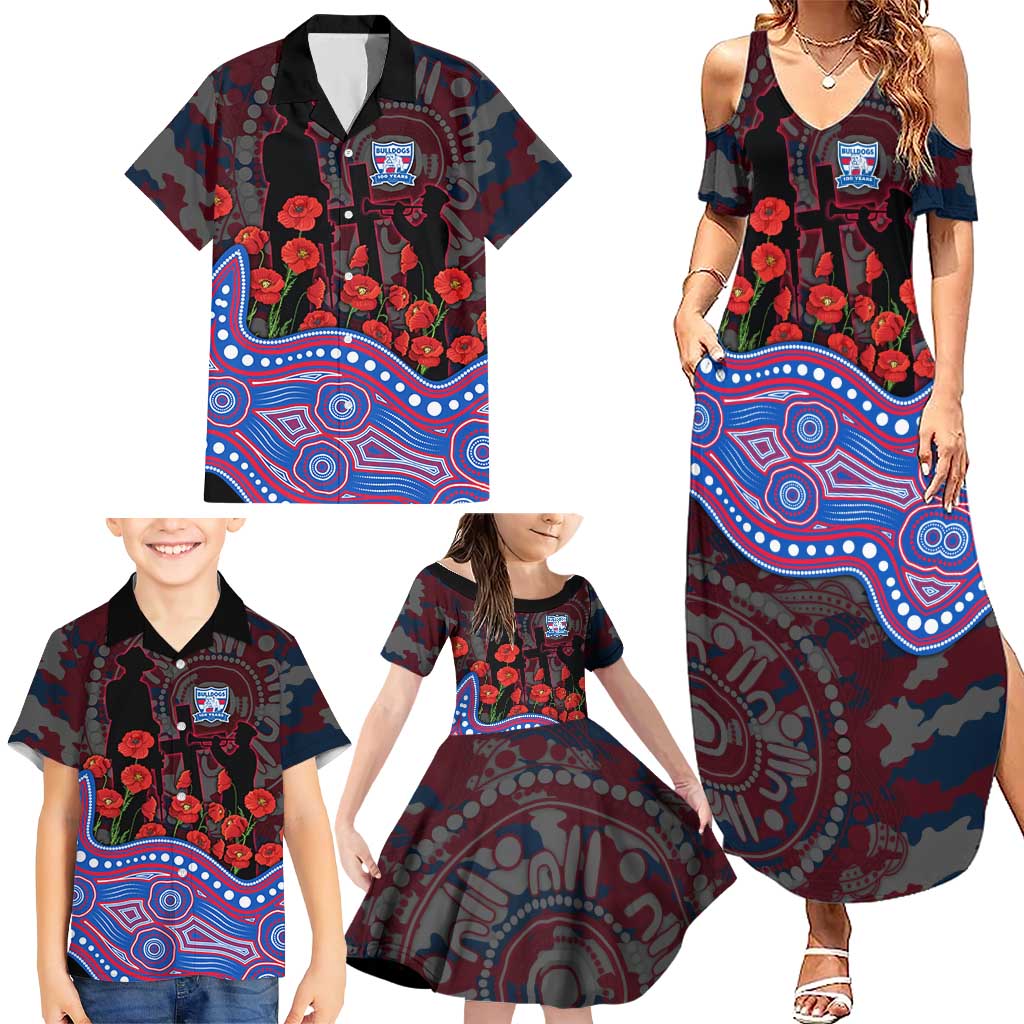 Western Bulldogs ANZAC Day Family Matching Summer Maxi Dress and Hawaiian Shirt Indigenous Dot Art with Poppy Flower Tribute