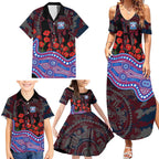 Western Bulldogs ANZAC Day Family Matching Summer Maxi Dress and Hawaiian Shirt Indigenous Dot Art with Poppy Flower Tribute