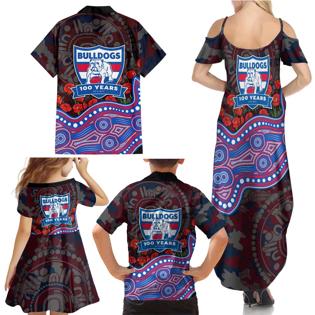 Western Bulldogs ANZAC Day Family Matching Summer Maxi Dress and Hawaiian Shirt Indigenous Dot Art with Poppy Flower Tribute