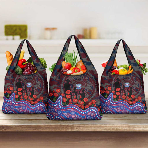 Western Bulldogs ANZAC Day Grocery Bag Indigenous Dot Art with Poppy Flower Tribute
