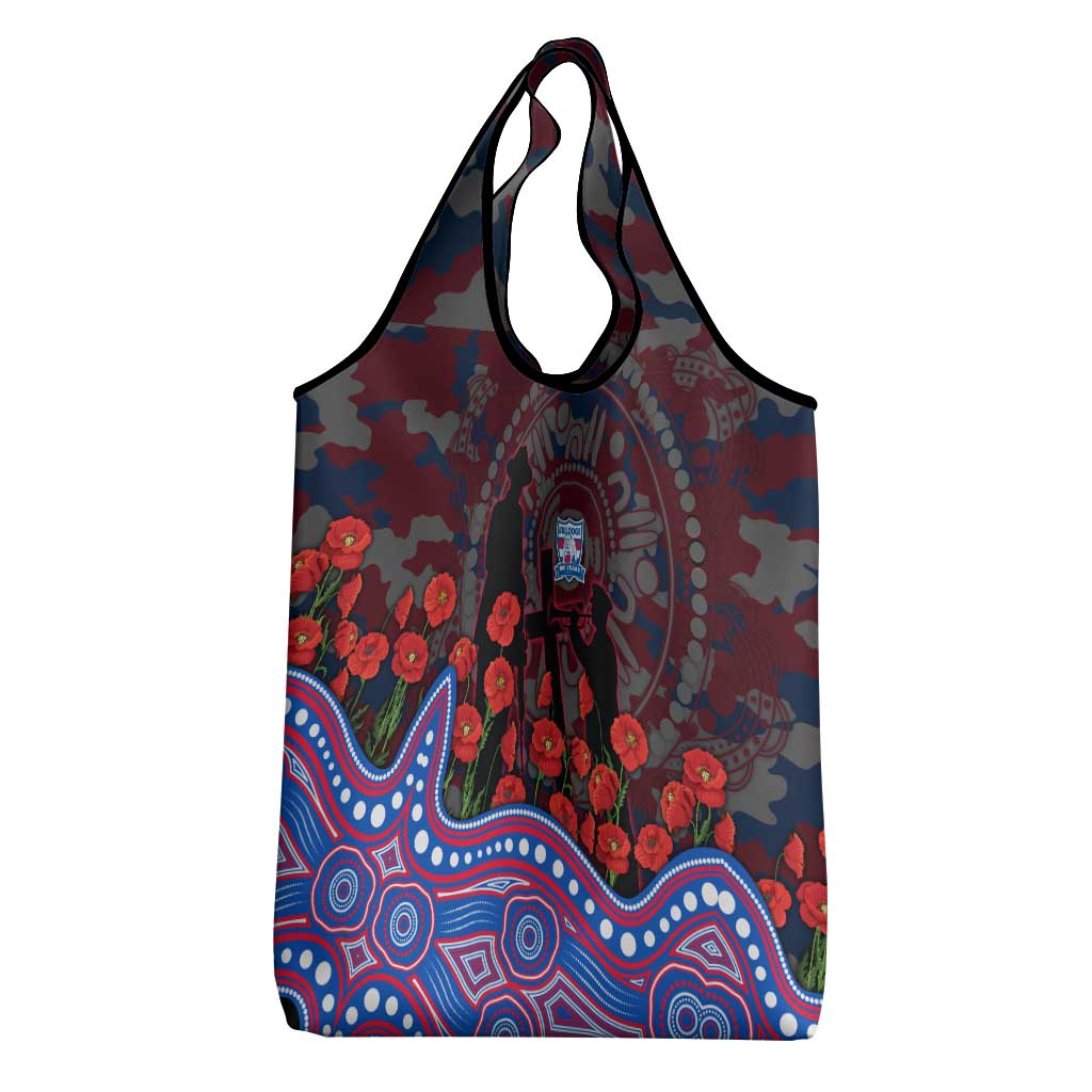 Western Bulldogs ANZAC Day Grocery Bag Indigenous Dot Art with Poppy Flower Tribute