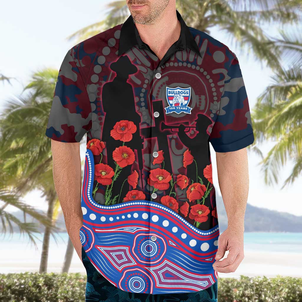 Western Bulldogs ANZAC Day Hawaiian Shirt Indigenous Dot Art with Poppy Flower Tribute